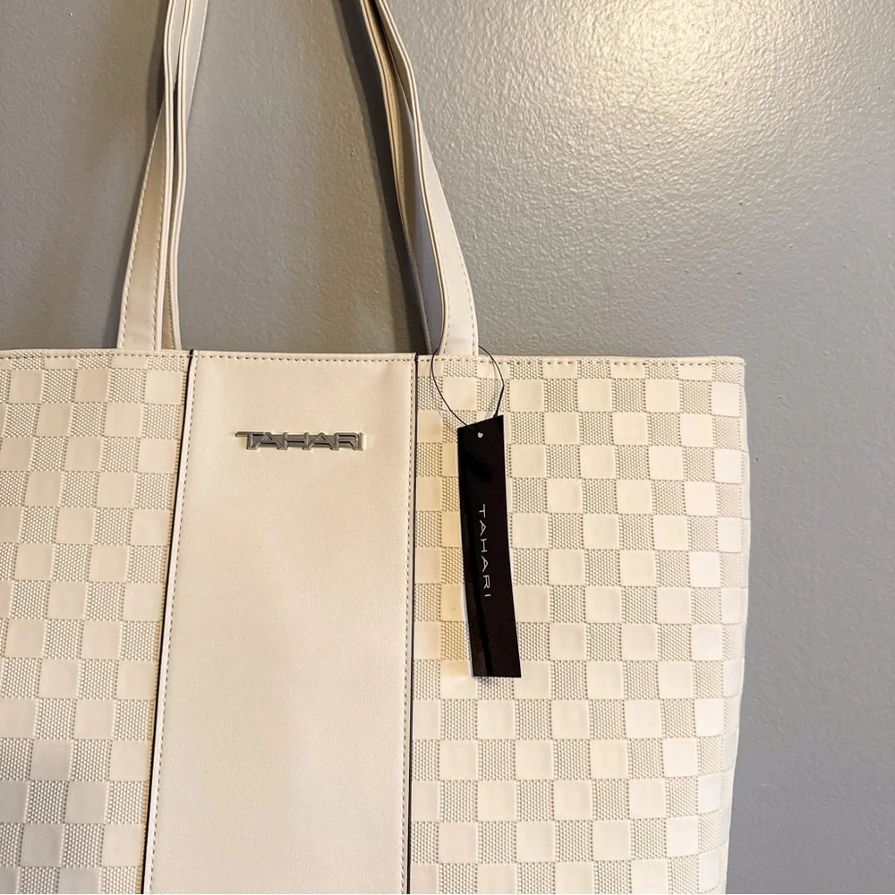 Tahari Delta Shopper Tote Bag Bone Checkered NWT Large Shoulder Bag - Picture 2 of 5